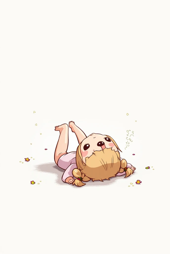 Give me a white background image, 2D animated in the style of the game skullgirls, of a girl lying on her back facing forward as if she were looking at the sky