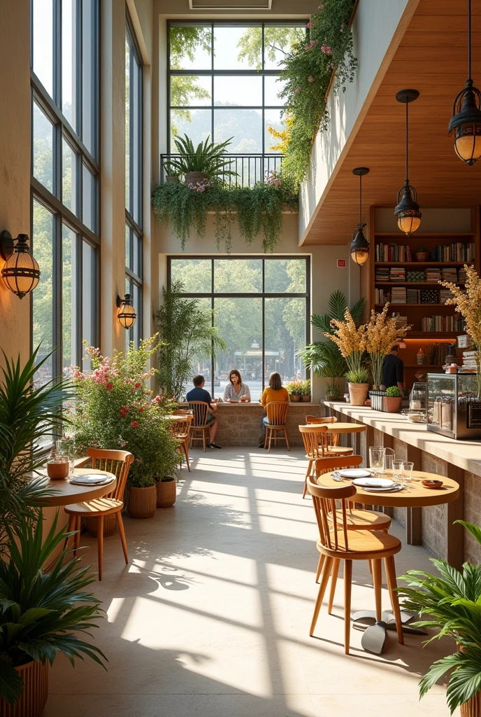 Interior building of a modern aesthetic and a light vibe of café with flower shop and book shop. Emphasizing the name of the shop "Bloom & Brew Bibliotheca".