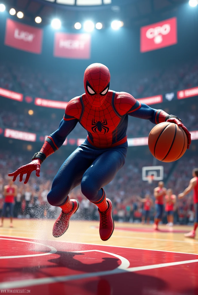 Spider-Man playing basketball, hold basketball hands, in a stadium,stadium is full of crowds