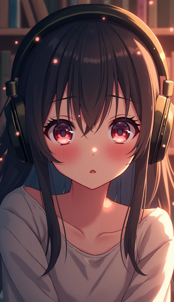 1 female, listening to music through headphones, bokeh, bookshelves background, close up shot, very alluring look, anime style art, cute girl, blush cheeks