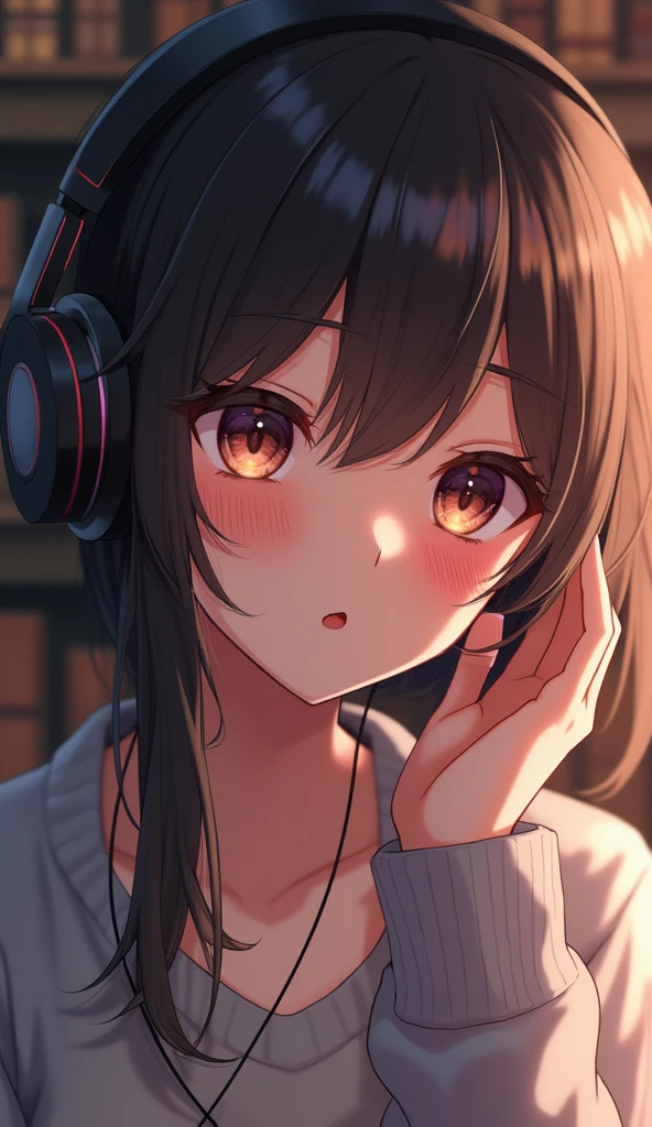 1 female, listening to music through headphones, bokeh, bookshelves background, close up shot, very alluring look, anime style art, cute girl, blush cheeks