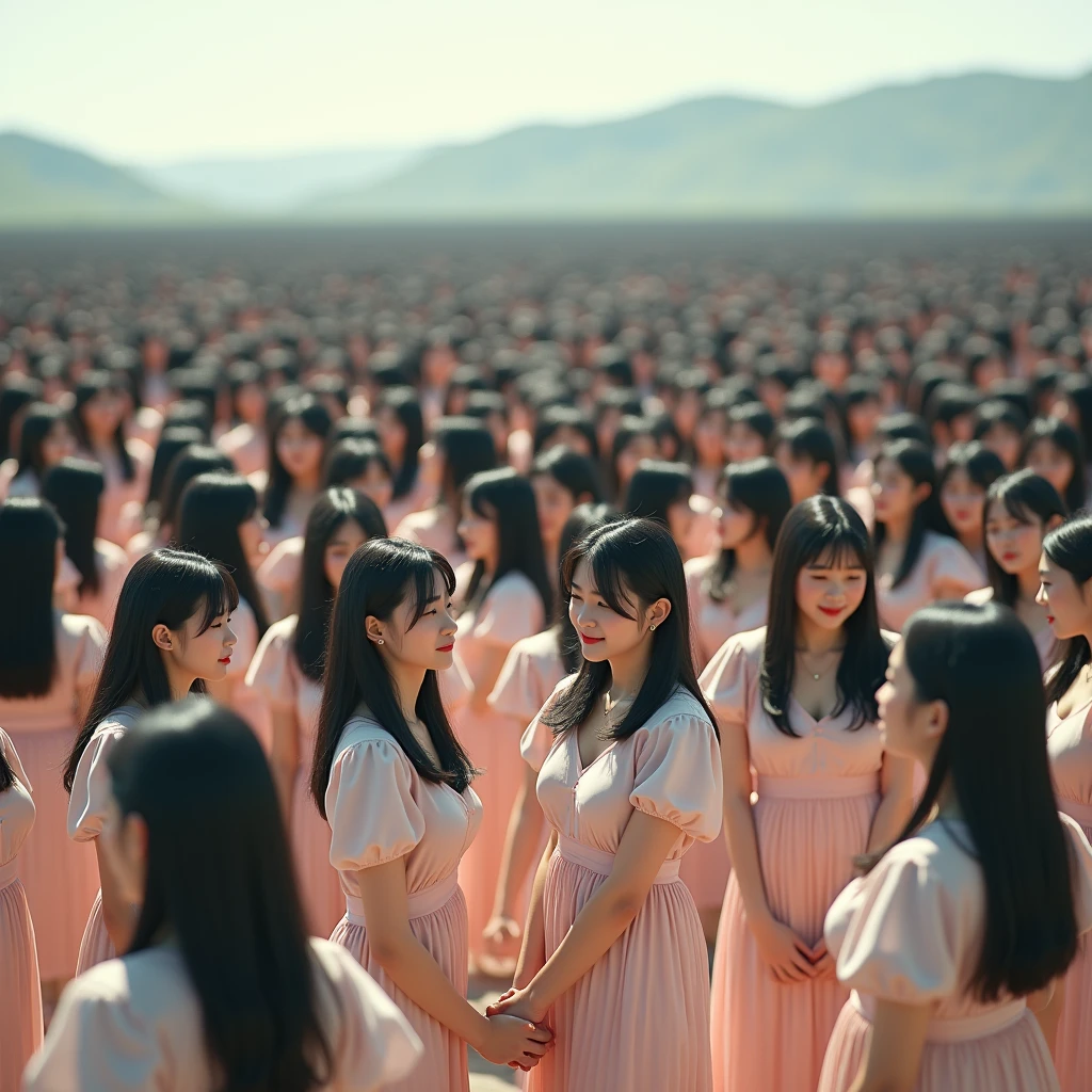 (((((Japanese Clone girls=Myself)))))), (((Best Super High quality Myself Clone girls Raw Photography Art))), (16K, Highest quality, Ultra-high resolution, RAW Photos), (((It's so unrealistic., With unparalleled depiction, With an unfathomable sight, An unprecedented and shocking worldview, Clone girls in a world of mass reproduction, Ultra-realistic))), (((Japanese, woman, 24yo, Ishihara Satomi))), (Small face, ((Thick black hair, Semi-long hair))), ((V-neck short-sleeve dress)), (((((Very detailed美しい女体, Accurate body structure, Very detailed完璧な, Super busty body with very large breasts, Clearly emphasizes cleavage))))), (((Dark Eyes, Mature face, Cute Smile, A gentle gaze))), (((Her happy and smiling expression is so cute))), ((((((((Very detailed分身増殖描写, ((1girl→Myself cloning→1,000,000,000,000,000,000,000,000,000,000,000,000,000,000,000,000,000,000,000,000Myself Clone girls)))))))))), ((((((((Very detailed, The precise depiction of the proliferation of Myself Clone girls, ((With the perfectly identical bodies of Myself clone girls, With the exact same face as the Myself clone girls, With the exact same hairstyle as the Myself clone girls, In the exact same clothes as the girls who are my clones, Perfectly the same height as the Myself clone girls, Super big breasts, just like the Myself clone girls)))))))))), (((Myself clone girls only))), (((Multiple pairs, Very detailed depiction, (Myself clone girls hug each other, Myself clone girls assemble, Fun conversations with fellow Myself clone girls, A fun conversation between Myself clone girls, Myself clone girls holding hands, Walking with lots of Myself clone girls)))), (((Everyone looks at the camera))), (((Unbelievably crowded, Transcendent Myself clone girls intimately, Countless Myself clone girls surround you in 360 degrees))), (Bright, soft sunlight), (((Very wide field of view, Very detailed, Detailed ultra-perspective depiction with clear depth, wide view))), (((((Landscape with a curved slope))))), (((Very photographic and detailed depiction, Myself clone girls will multiply infinitely and fill the surroundings from one side to the horizon with their bodies tightly packed together without any gaps., A scene of endless Myself clone girls and a fun atmosphere))), (Focus on the average value of the image)