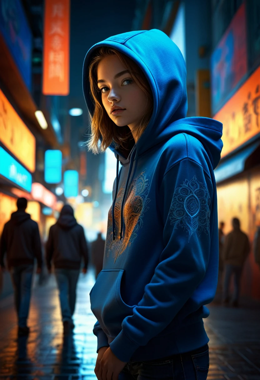 (A girl in hitech I.T room) starring at the monitor, a(image of a young man wearing hoodie walking in a busy street)emerge from it, iconic stance, dramatic shadows, dramatic lights, interlacing elements, front view, fantasy art, two tones, digital manipulated photo art, hyper-realistic, ultra-detailed, crisp clarity, high-contrast, luminous ambiance, rich textures, intricate patterns, vivid colors, cinematic lighting, photo realistic, accurate anatomical proportions, cinematic blurry background. 