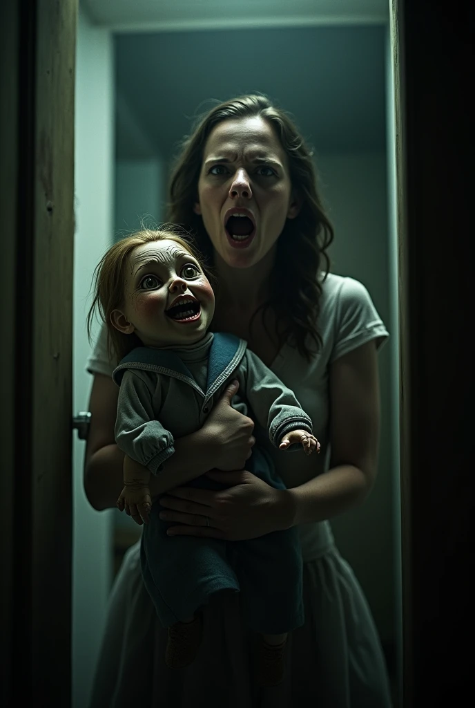 It looks like you've uploaded an image that appears to be a scene from a horror-themed video, featuring a woman in distress holding a creepy doll.