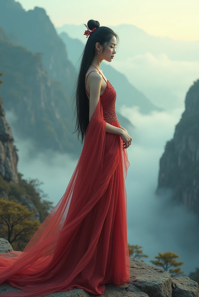 A stunning Chinese girl with an air of elegance and mystery, standing in a misty mountain landscape. She is dressed in a long, flowing gown in deep, rich colors that blend harmoniously with the natural surroundings. Her hair is long and straight, cascading down her back. The scene is bathed in the soft, diffused light of early morning, with the mist swirling around her, creating an atmosphere of quiet serenity and timeless beauty