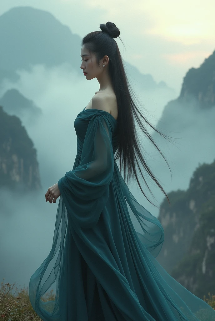 A stunning Chinese girl with an air of elegance and mystery, standing in a misty mountain landscape. She is dressed in a long, flowing gown in deep, rich colors that blend harmoniously with the natural surroundings. Her hair is long and straight, cascading down her back. The scene is bathed in the soft, diffused light of early morning, with the mist swirling around her, creating an atmosphere of quiet serenity and timeless beauty
