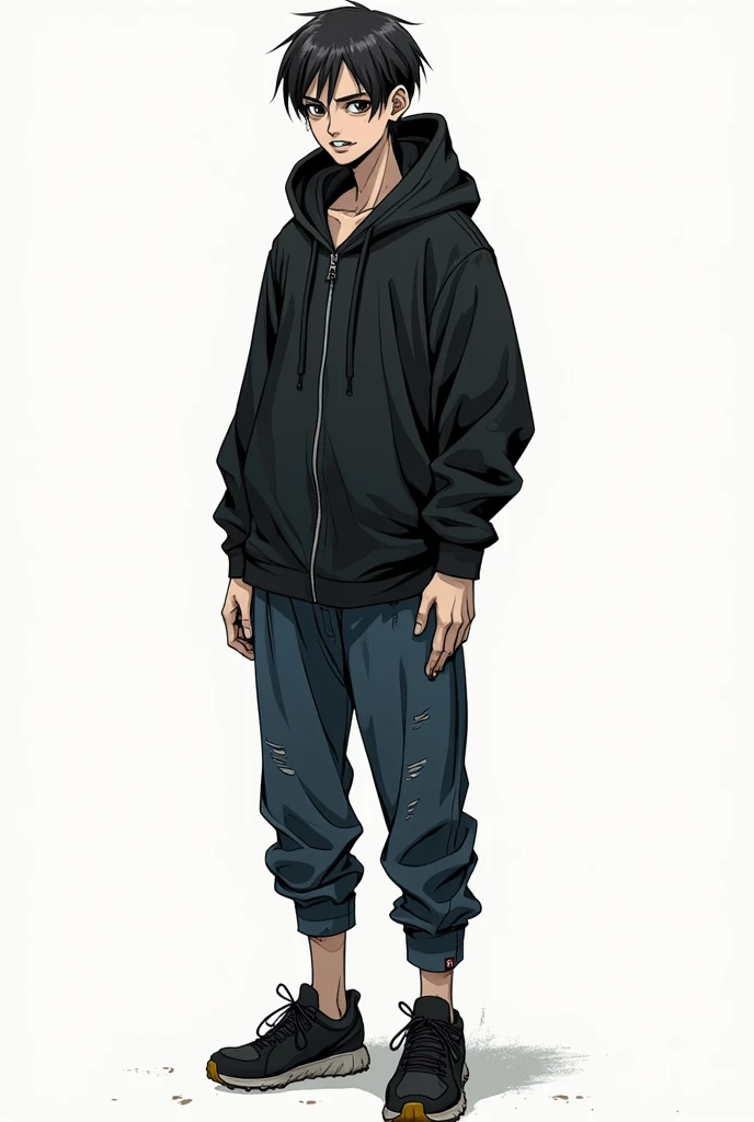 I need 3 manga style sketches of that character. Could you describe the protagonist? Height: 1,78 m Build: Thin and somewhat unkempt, with signs of malnutrition.
face: oval, with traits marked by a lack of personal care.
eyes: red, which can give it a disturbing and exotic air.
canine fangs: Highly developed, standing out more than usual.
scars: Noticeable on the wrists, that could suggest stories of suffering or struggle.
CLOTHES:
jacket: black, worn and possibly dirty, found in the trash.
pants: sports, deep blue, tight on the legs but with holes, which indicates extensive use and little care.
shoes: sports, black, also used and in poor condition. the character is human