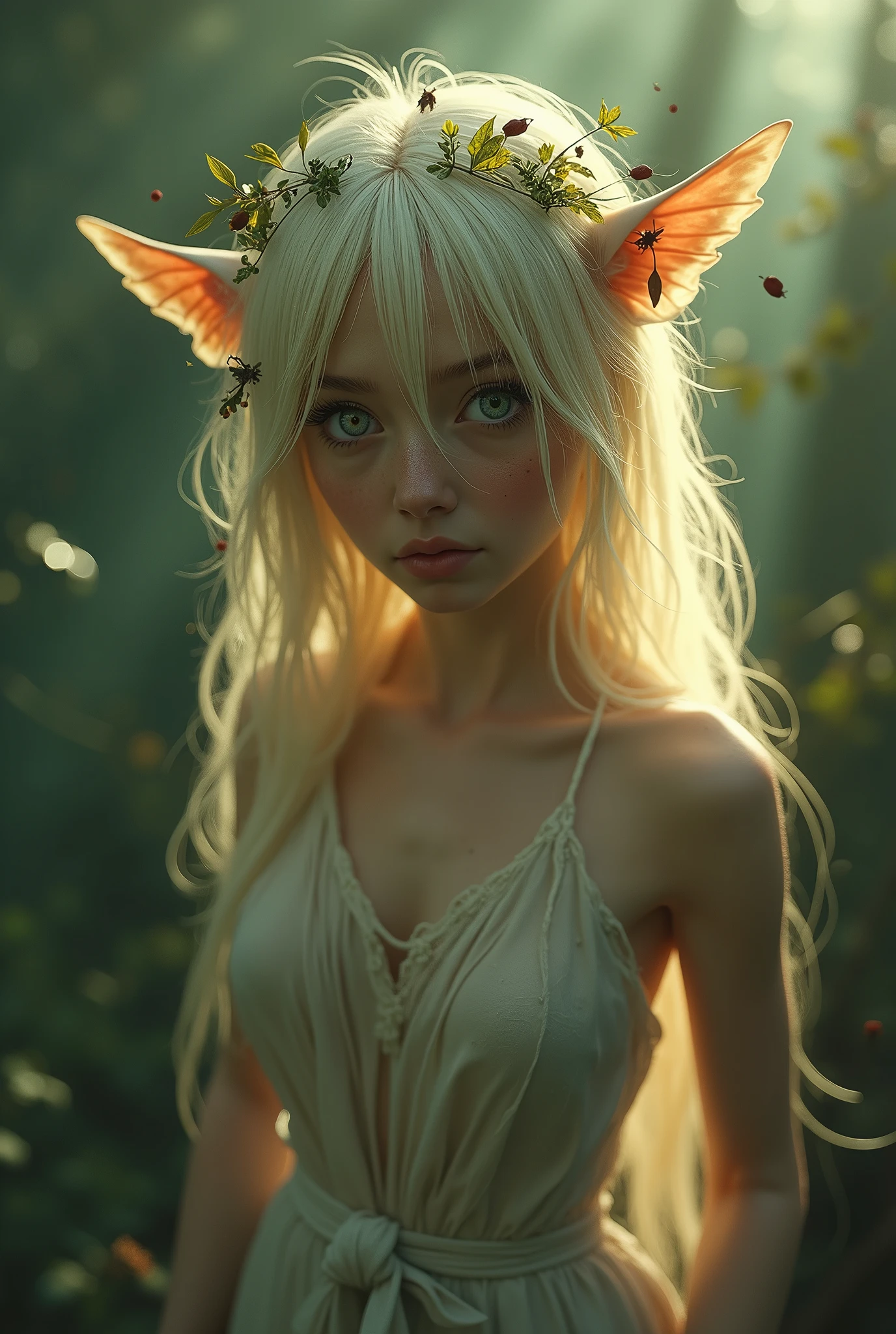 (Realystic:1.4), analog photo style, depths of field, (a blond-haired adult Pixie with different eyes), (small leaves and insects got tangled in wet hair), wide waist, (her full body is a visual pleasure), view from above, dark fantasy atmosphere, deep shadows with the some sun rays, a delicate balance between reality and fantastic, faded colours, great quality, Masterpiece, most detailed blurred surreal background, naturally cinematic light, 16k quality, kodak porta 400, bokeh.