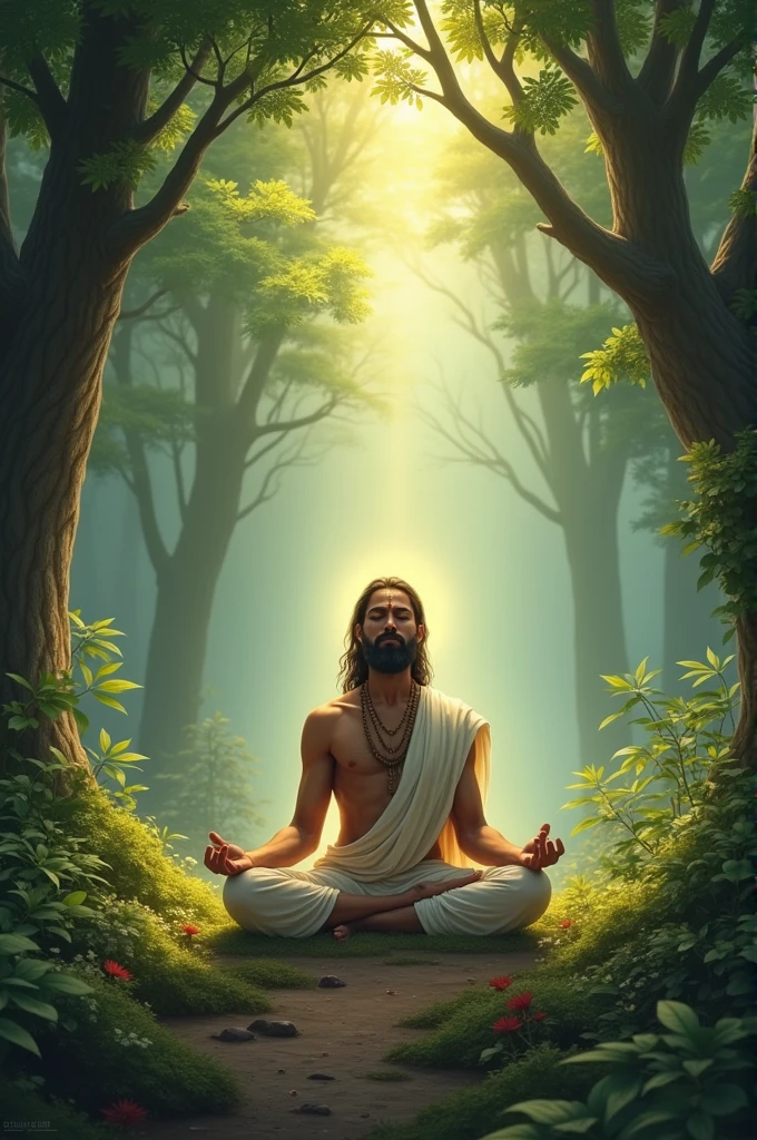 Rishi Vashistha in Meditation**: A serene forest with Rishi Vashistha sitting in deep meditation, surrounded by nature. His aura radiates calmness and wisdom, with a divine glow around him.