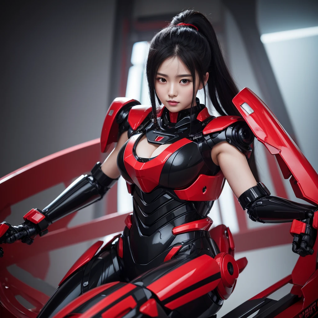 Highest quality，masterpiece，Ultra-high resolution, Very detailed, 8k，Beautiful 2 Japanese woman:1.5，Black Hair、 (Black and red robot suit, Plump, Slightly thicker)