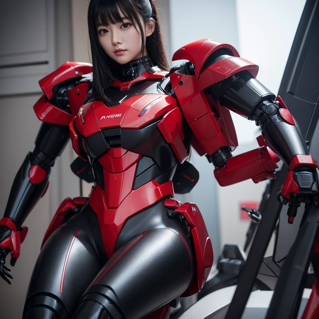 Highest quality,masterpiece,Ultra-high resolution, Very detailed, 8k,Beautiful 2 Japanese woman:1.5,Black Hair、 (Black and red robot suit, Plump, Slightly thicker)