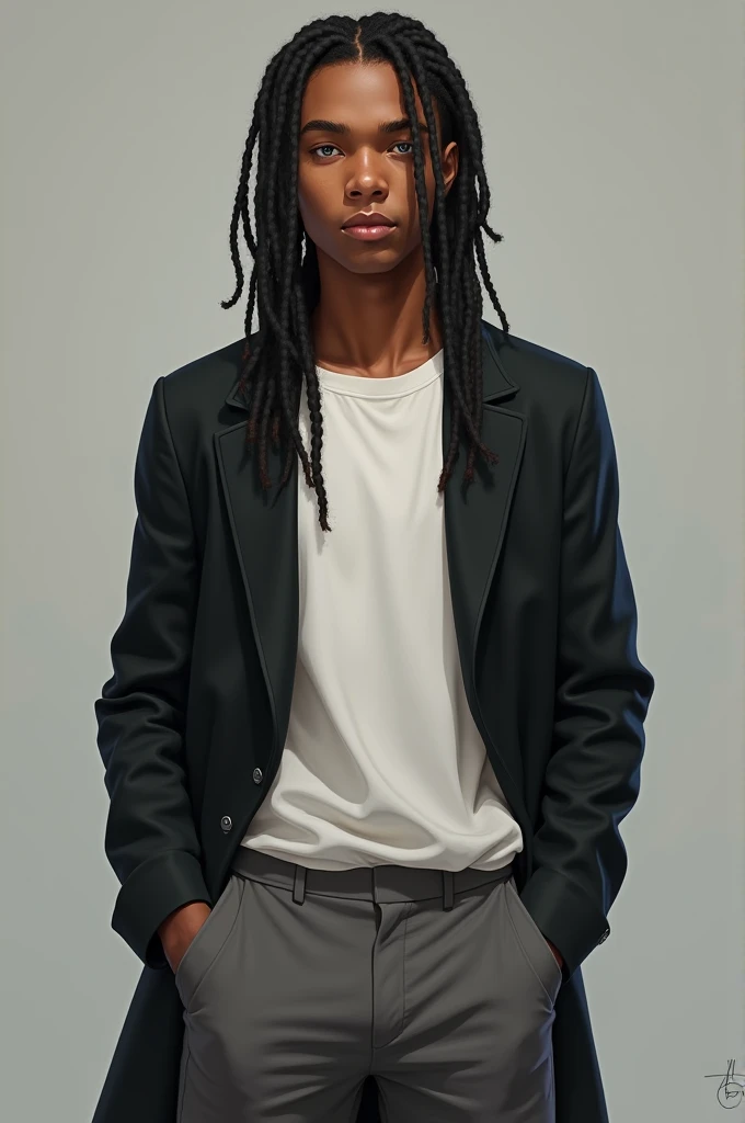 A 20-year-old man, tall, black hair, long, shiny braids, big bright blue eyes, gray pants, a white shirt, a long black coat, a calm and kind person.
