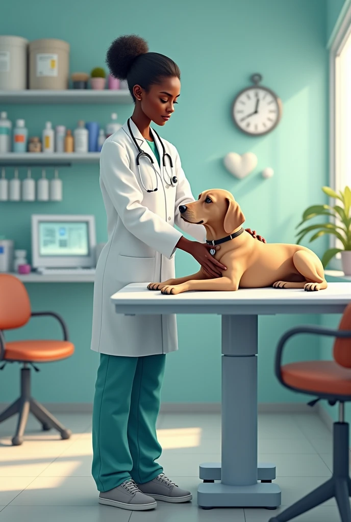 Slim black woman in typical veterinarian outfit wearing veterinary accessories and examining a dog in a veterinary-themed veterinary clinic setting