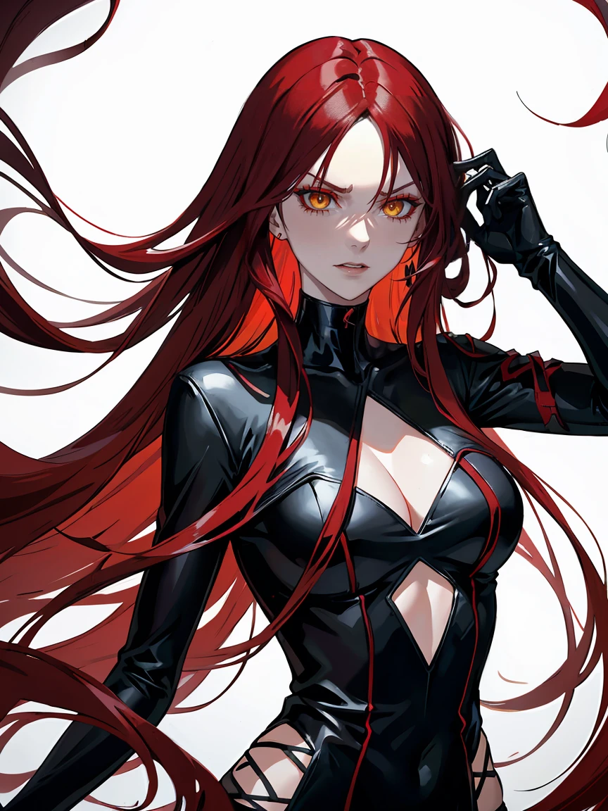 Long red hair, yellow eyes, evil, sexy, black and red clothes, cute hairstyle, evil face, evil, serious look, gloss lips, sinister, front look, bloody, gloves, (((half-body portrait))), beautiful eyes, short dress, big white, dark place, night, sensual, straight hair cut, clear skin, evil, young 30 years girl, adult girl, solo, red, very long hair, (((Older mature woman)))