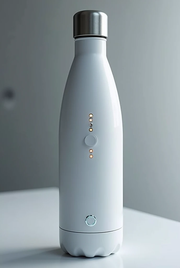 A thermal bottle that has advanced technology such as the option to cool with stored ice and buttons that change the temperature and signal in white stainless steel