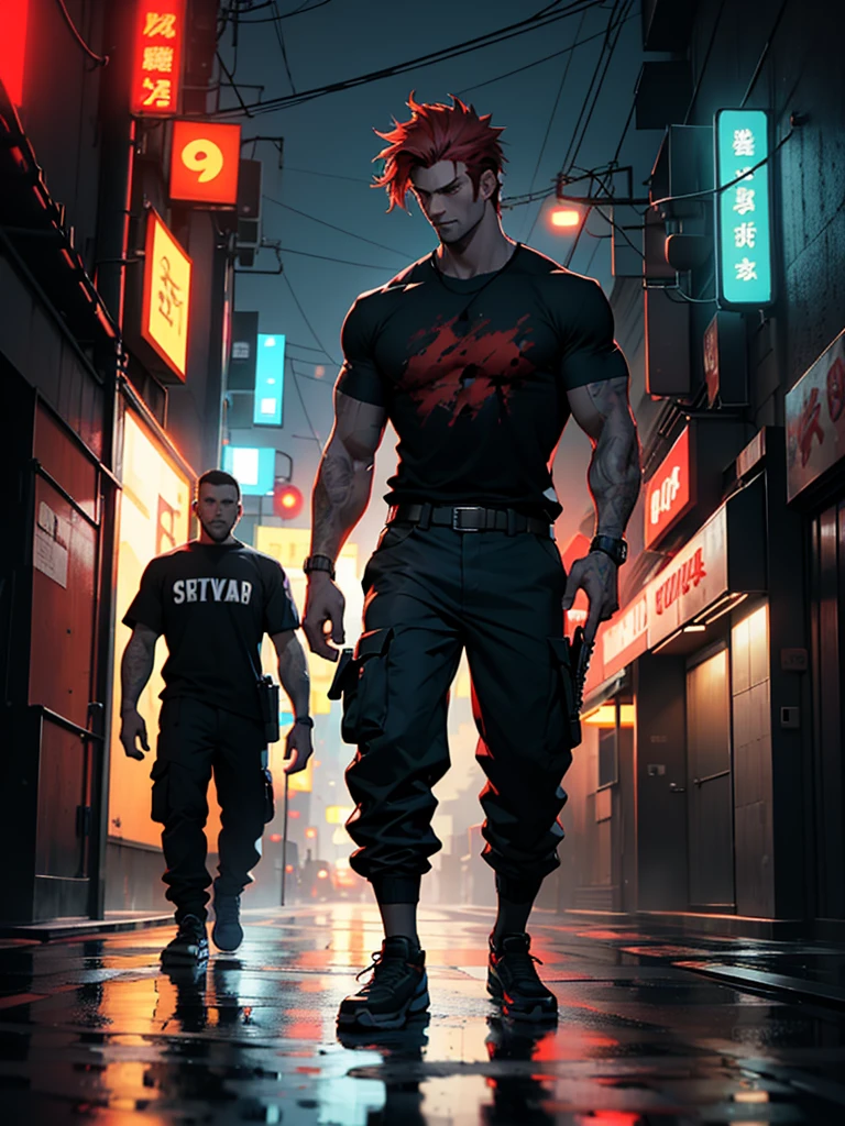 a tall muscular man with red messy hair and red eyes, wearing a tight t-shirt and cargo pants, standing on a dark tokyo street at night, gun on his belt, highly detailed, 8k, photorealistic, 1 guy, hyper detailed, cinematic lighting, gritty urban environment, cyberpunk aesthetic, moody atmosphere, neon signs, puddles on the ground, dramatic shadows. Young guy. Handsome guy.