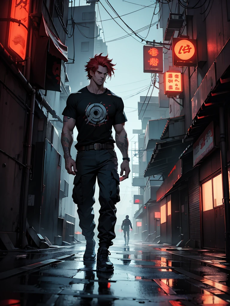 a tall muscular man with red messy hair and red eyes, wearing a tight t-shirt and cargo pants, standing on a dark tokyo street at night, gun on his belt, highly detailed, 8k, photorealistic, 1 guy, hyper detailed, cinematic lighting, gritty urban environment, cyberpunk aesthetic, moody atmosphere, neon signs, puddles on the ground, dramatic shadows. Young guy. Handsome guy.