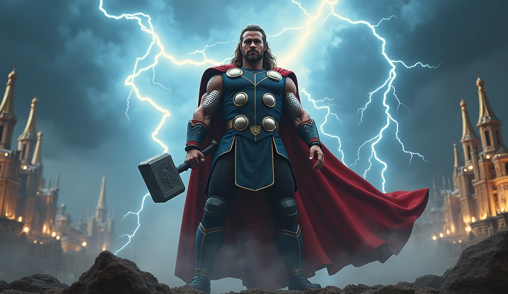 1850's Marvel Avengers character, thor , vintage thor dress, realistic, realistic character, vintage, vintage character, vintage background, male, asgard in background, highly detailed, extremely detailed, 8k, masterpiece, ultra-detailed, photorealistic, hdr, studio lighting, physically-based rendering, extreme detail description, vivid colors, dramatic lighting, cinematic, epic, thor with mjolnir , angry thor, mjolnir creating thunderstorm and lightning