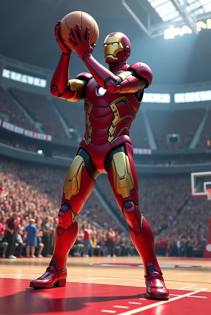 Ironman playing basketball, hold basketball hands, in a stadium,stadium is full of crowds