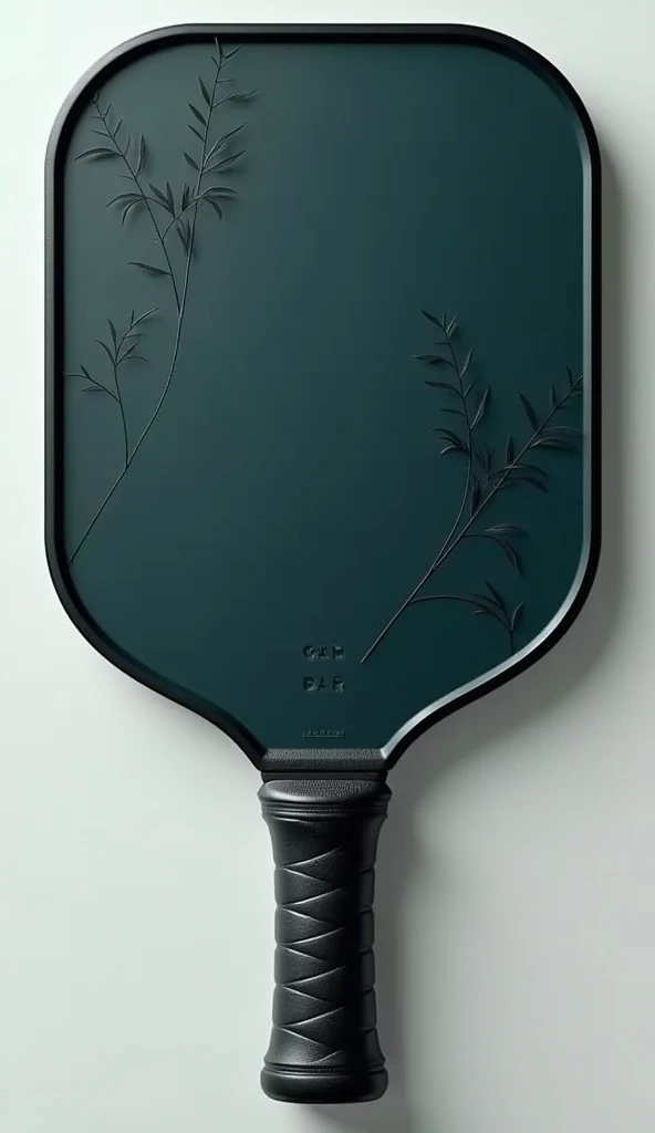 "Design a pickleball paddle tailored for players aged 30-50. The paddle should feature a refined and sophisticated look with a balance of modern and classic elements. Incorporate a sleek, ergonomic design with a comfortable grip and a sturdy frame. Use elegant, understated colors such as navy blue, grey, or deep green, and include subtle patterns or textures that reflect a mature and professional style. The paddle face should have a high-quality finish with precise detailing for enhanced performance and control, suitable for both casual and competitive play.