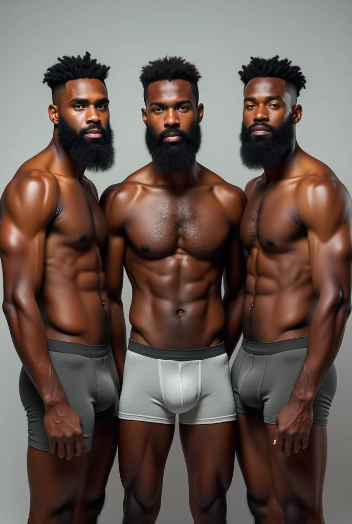 Exactly identical triplets Handsome 2 African American Muscular Black hair Three-day beard Gifted In underwear Full body