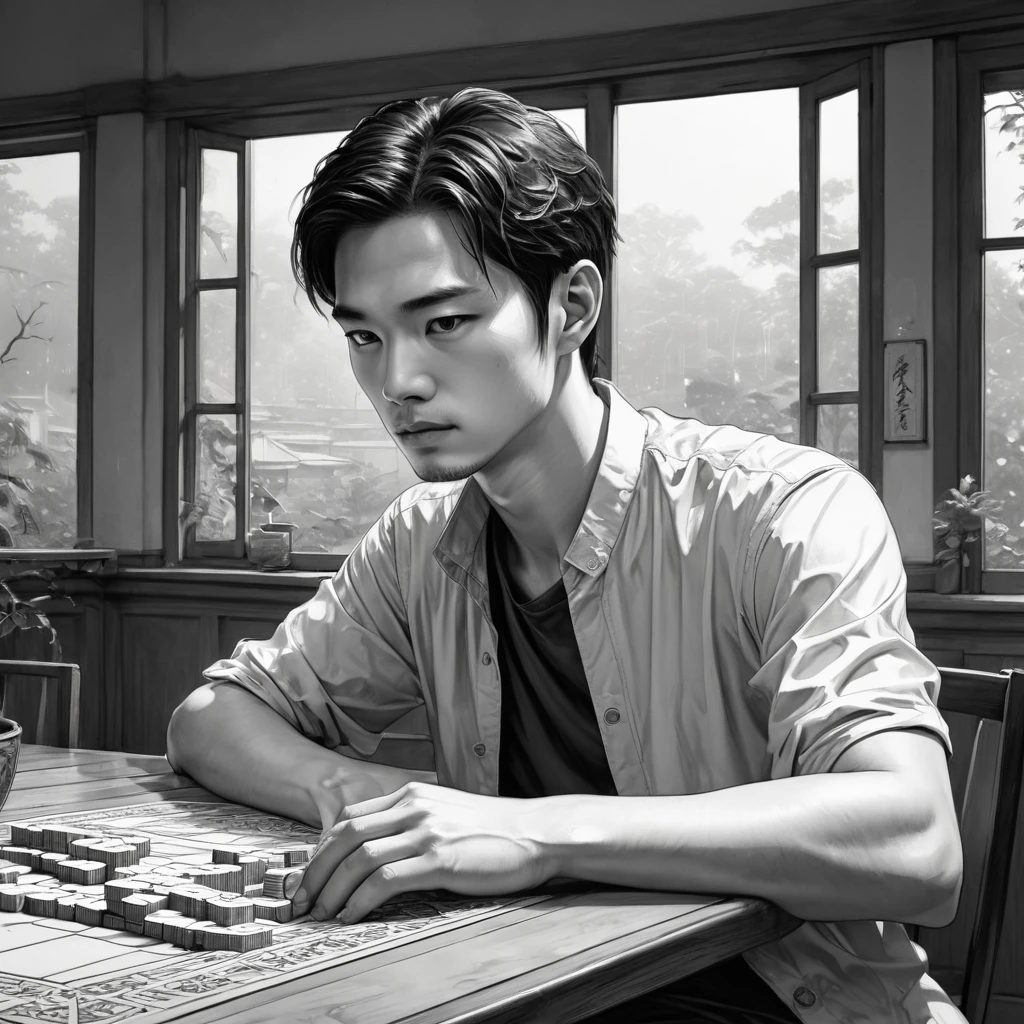anime,Line art, sketch, Highest quality, masterpiece, so beautiful, Perfect composition, Intricate details, Very detailed, B&in,"Generate an image of a young man named Lee. He is sitting at a mahjong table with a calm and thoughtful expression, deeply focused on his next move. The room is dimly lit, and rain can be seen through a nearby window, casting a soft, reflective light on his face. The overall atmosphere should be tense and introspective, highlighting Lee's strategic mindset."