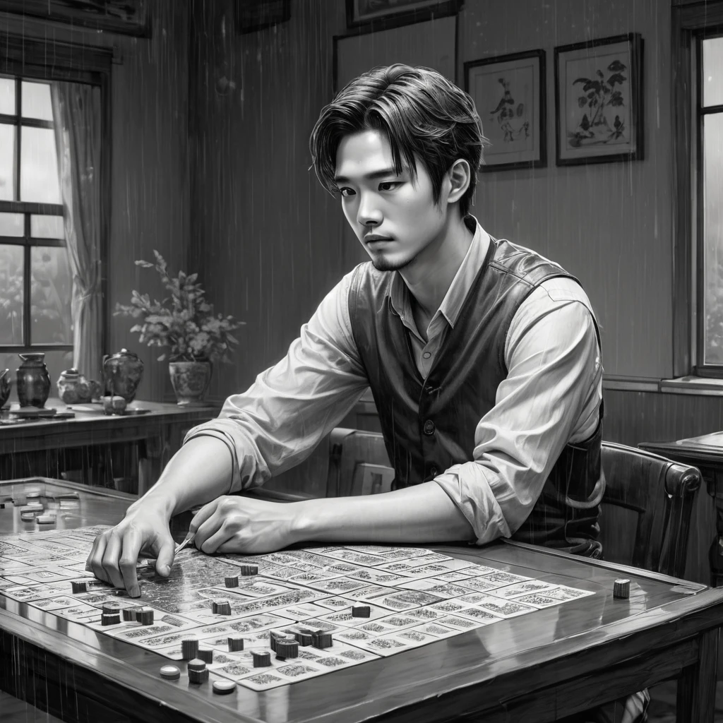 anime,Line art, sketch, Highest quality, masterpiece, so beautiful, Perfect composition, Intricate details, Very detailed, B&in,"Generate an image of a young man named Lee. He is sitting at a mahjong table with a calm and thoughtful expression, deeply focused on his next move. The room is dimly lit, and rain can be seen through a nearby window, casting a soft, reflective light on his face. The overall atmosphere should be tense and introspective, highlighting Lee's strategic mindset."