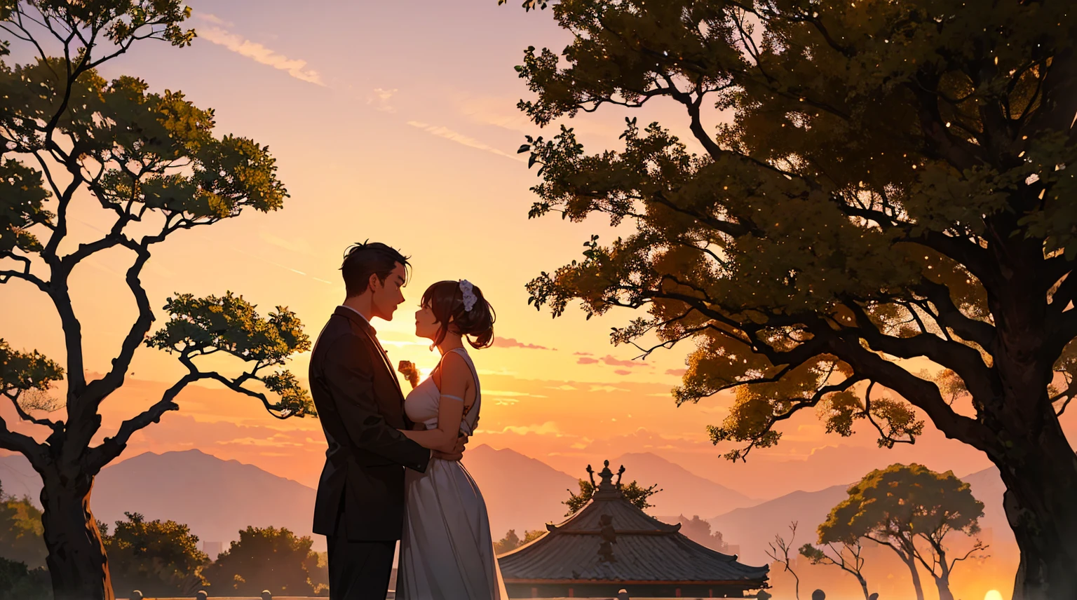 A man and a woman singing with a microphone under a sweet osmanthus tree at sunset。Two people standing back to back