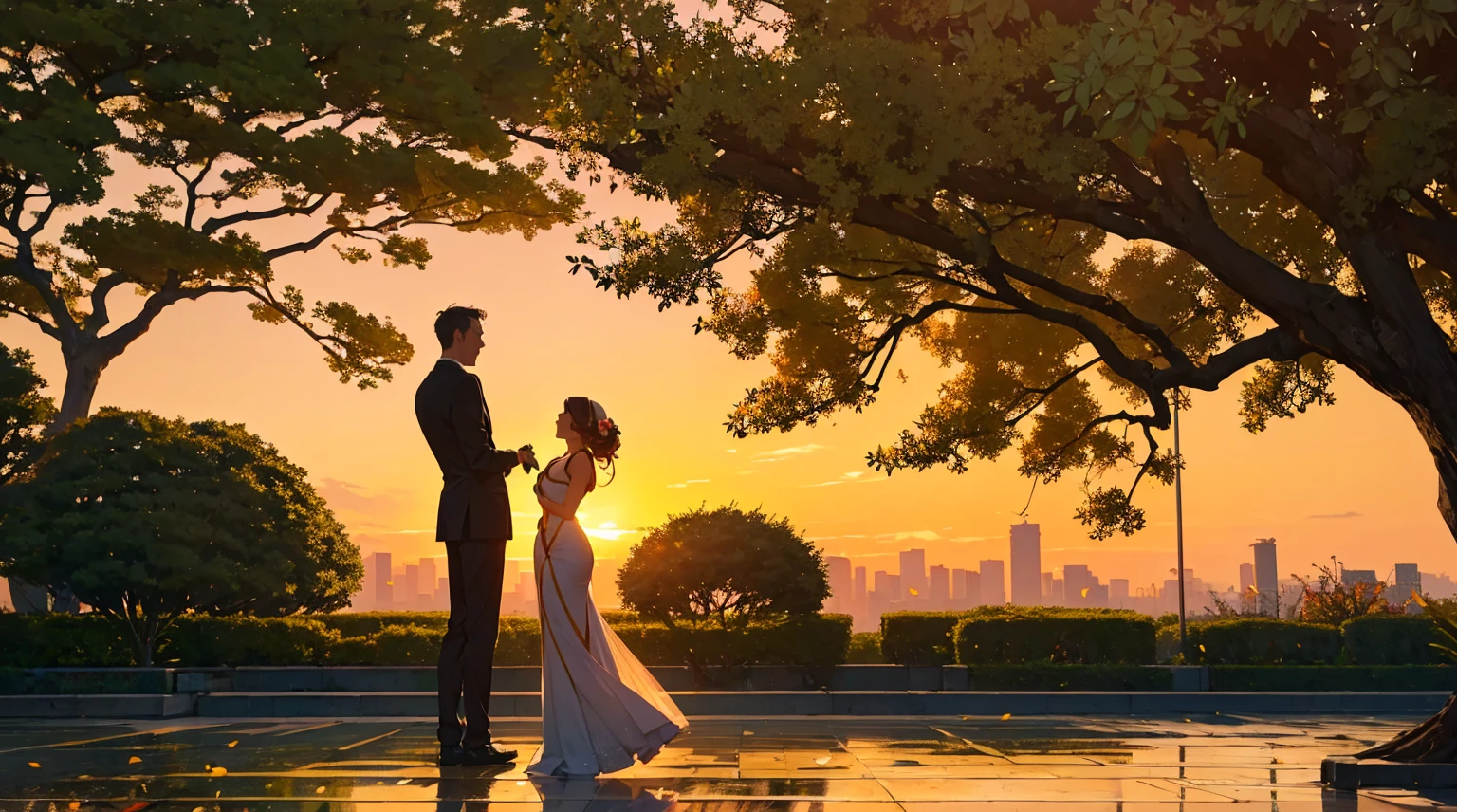 A man and a woman singing with a microphone under a sweet osmanthus tree at sunset。Two people standing back to back