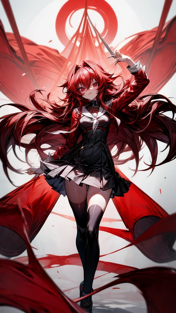 Red muscles,long red hair,femele,Shimashima's shoes,Black shoes,Black clothes,long striped underwear