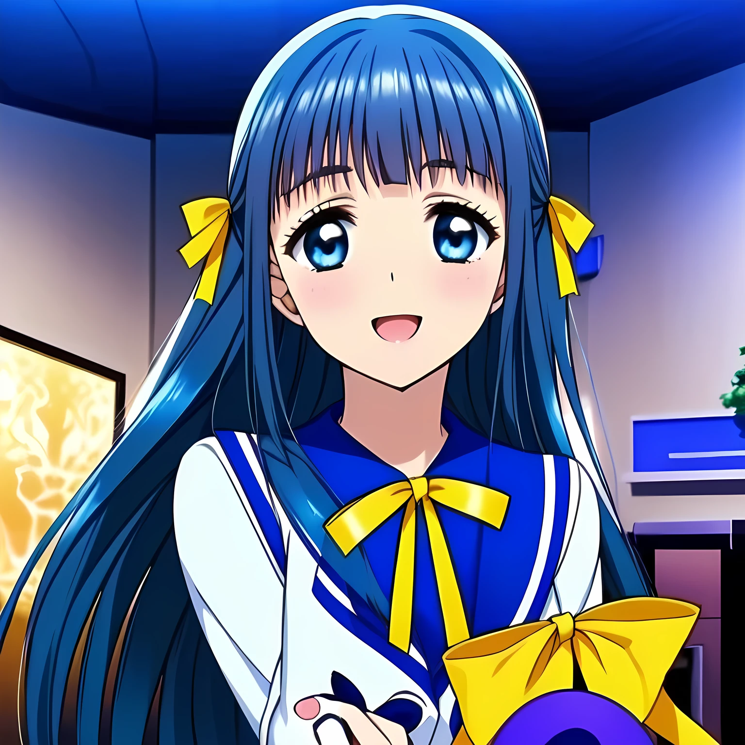 highest quality, (masterpiece:1.2), (A noble game heroine, beautiful noble intelligent heroine, Very detailed beautiful 16yo heroine's portrait of game CG, beautifully and artistically painted as cover of girl's magazine: 1.6), (She is turning quickly and looking at me: 1.0), (A girl whom everyone loves because of her beauty and lovely fashion and graceful personality and noble manner. A refined and elegant look like a noble princess. : 1.4), (In fact she is a very intelligent succubus, trying to charm, enslave and absorb me with deeply thought out intelligent strategy!: 1.0), (Very beautiful, wavy, cutely shining super-super-long blue hair, with elegant hair ribbons with very good smell of female pheromones: 1.4), (Laughing very beautiful and shining sapphire-blue intelligent eyes with very long eyelashes which charms and enslave me inevitably, with detailed very well: 1.6), (The elegant, slightly open mouth and glossy wet lips of an anime heroine: 1.0), (Noble neat dark-navy-blue sailor-styled school uniform, and neat elegant dark dark-navy-blue pleats skirt, with a big yellow noble ribbon on the chest: 1.8), (Large but well figured breast: 1.0), (Laughing at me, but that gives a heavenly feeling of happiness with beautiful and great smiley noble face: 1.2), (The wind is blowing: 0.8), (She is touching me with her beautiful fingers, chewing me and absorbing everything from me just now: 1.5), (Crazy sabbath night like nightmare to offer me to Evil Venus background: 1.4)