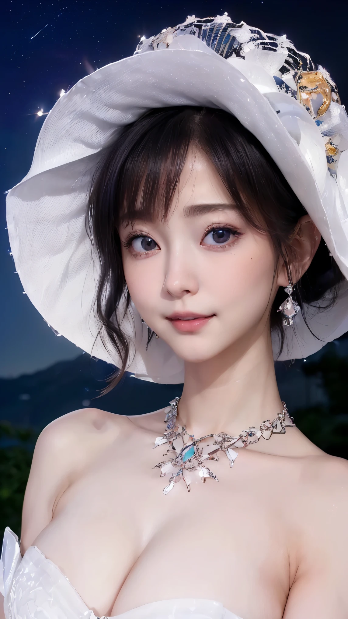(4k quality:1.3),(Highest quality:1.3),(Whitening:1.4),(White:1.3),(Large Breasts:1.6),(The best beauty:1.5),rich,Upper Body,smile,(Strapless bejeweled dress:1.3),Overflowing breasts,(jewelry),Captivate a man,Cleavage,(Super Celebrities:1.5),(Supermodel:1.4),(Whitening:1.2),(Tight waist:1.4,(Night viewの良いホテル:1.1),(luxury:1.2),(Arisa Hanyu:1.5),(anorexia:1.4),(Night view:1.3),(Face close-up:1.1),Catchlight,(Child's face:1.6),(smile:1.1),(Straight Bangs:1.2),(Light blue hair:1.3),(Half Up Hair:1.3),(Light blue eyes:1.4),(2D cuteness:1.5),(Cute Makeup),Beautiful fingertips,(Sexy and cute:1.6),(Luxury hotel:1.6),(White Gal:1.6),(Transparent white skin:1.4),(albino:1.5),(Lighting hits the subject:1.3)