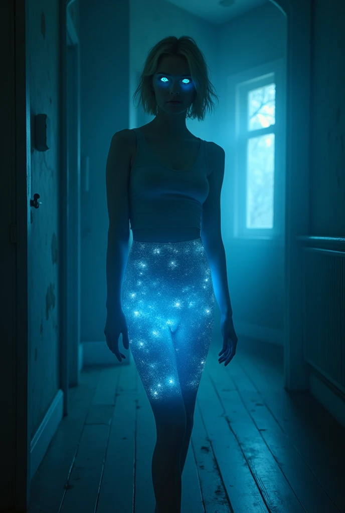 (photorealism:1.2), beautiful woman, swedish, blonde,sad, pensive, assistant, pencil skirt, 18yo, haunted house, glowing blue eyes, wooden floor, blue lighting, hologram, projection,looking at camera, short hair, glowing blue around her face and under skirt