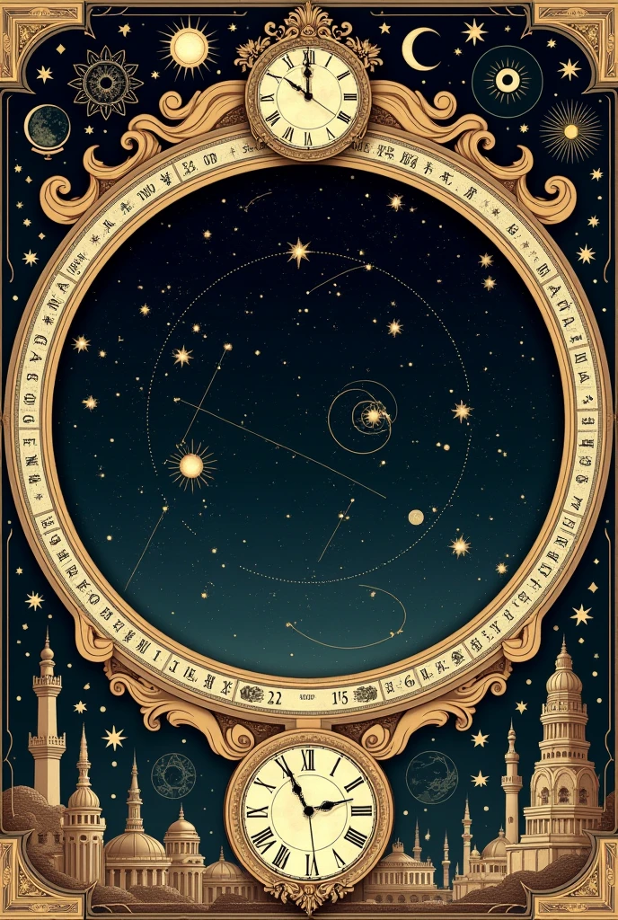 Create a star map illustration that represents the night sky on September 15, 2004. The design should be in a vintage, ornate style with intricate borders and celestial details, similar to a classical astronomical chart. Include a central bright star surrounded by various constellations and celestial bodies. 

Add decorative elements like small maps, constellations, and symbols around the border. The background should be dark with a starry sky and intricate illustrations of the zodiac and other celestial motifs

Readable font /square image 

Complete image without missing anything 

Don't make it look conjusted  


"Generate a vintage-style celestial illustration featuring a large, ornate circular frame with intricate, classical designs and smaller decorative elements, like clocks, globes, and architectural details, around the edges. In the center of the image, replace the current design with a depiction of the night sky over Jabalpur, India. Include a constellation focus within this circle, using thin, elegant lines to connect the stars. Ensure the constellations are clearly visible and aesthetically arranged, with subtle glowing dots for the stars.

Maintain the overall theme with a dark background and gold accents, highlighting the beauty of the constellations without overwhelming the design. Keep the outer frame rich in detail, with celestial motifs such as sun rays, moon phases, and star maps, ensuring a cohesive and visually captivating composition.

Readable fonts

Connection the star zodiac thing and use dot (bit sparkly) to represent moon or use moon sign

Make is look more aesthetic (Hindu reference optionally)

This image is all about 15 sep 2004 (my boyfriend's birthday) mention 15 sep 2004 


Write 15 sep 2004

No compass like line from center