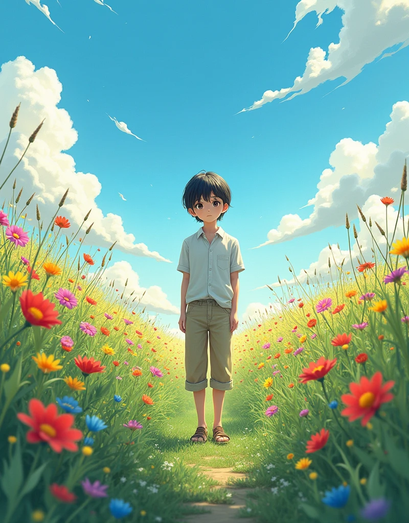 a painting of a boy in a field of flowers, standing in flower field, makoto shinkai and artgerm, standing in a field with flowers, standing in a flower field, realistic anime style at pixiv, anime scenery, cgsociety 9, in a field with flowers, girl standing in flower field, girl standing in a flower field