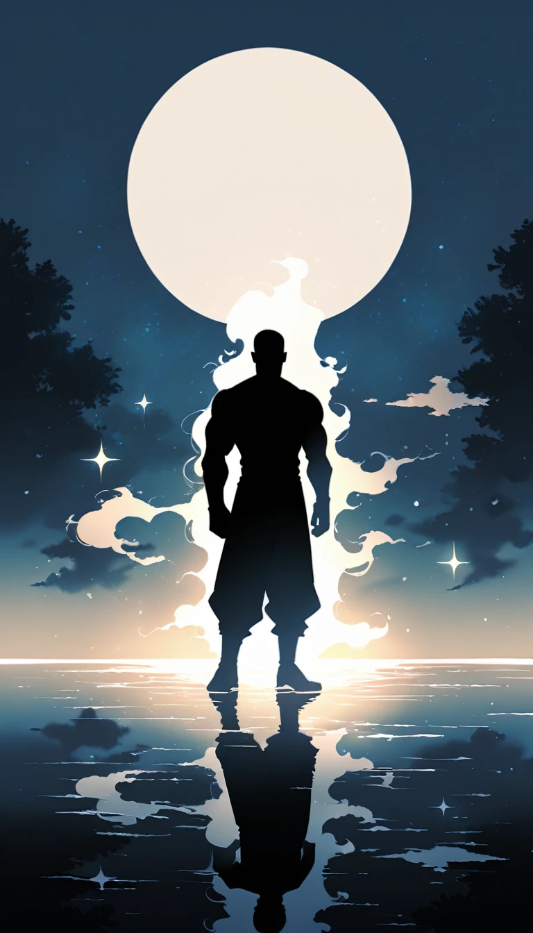 A Strong Buddhist muscular man stands in the smoke, Black jumpsuit, Very tight, Silhouette effect, Tall muscular man, Priapus, Dark Black, Dark black skin, Buzz Cut, His muscles are very developed, Very tall, short hair, Blend into the smoke, Lake, Reflection, Stars, moonlight, Big Moon, Man silhouette, Chinese, black and white, Simple style