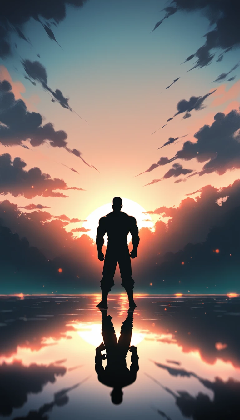 A Strong Buddhist muscular man stands in the smoke, Black jumpsuit, Very tight, Silhouette effect, Tall muscular man, Priapus, Dark Black, Dark black skin, Buzz Cut, His muscles are very developed, Very tall, short hair, Blend into the smoke, Lake, Reflection, Sunset, Sunset, Man silhouette, Chinese, black and white, Simple style