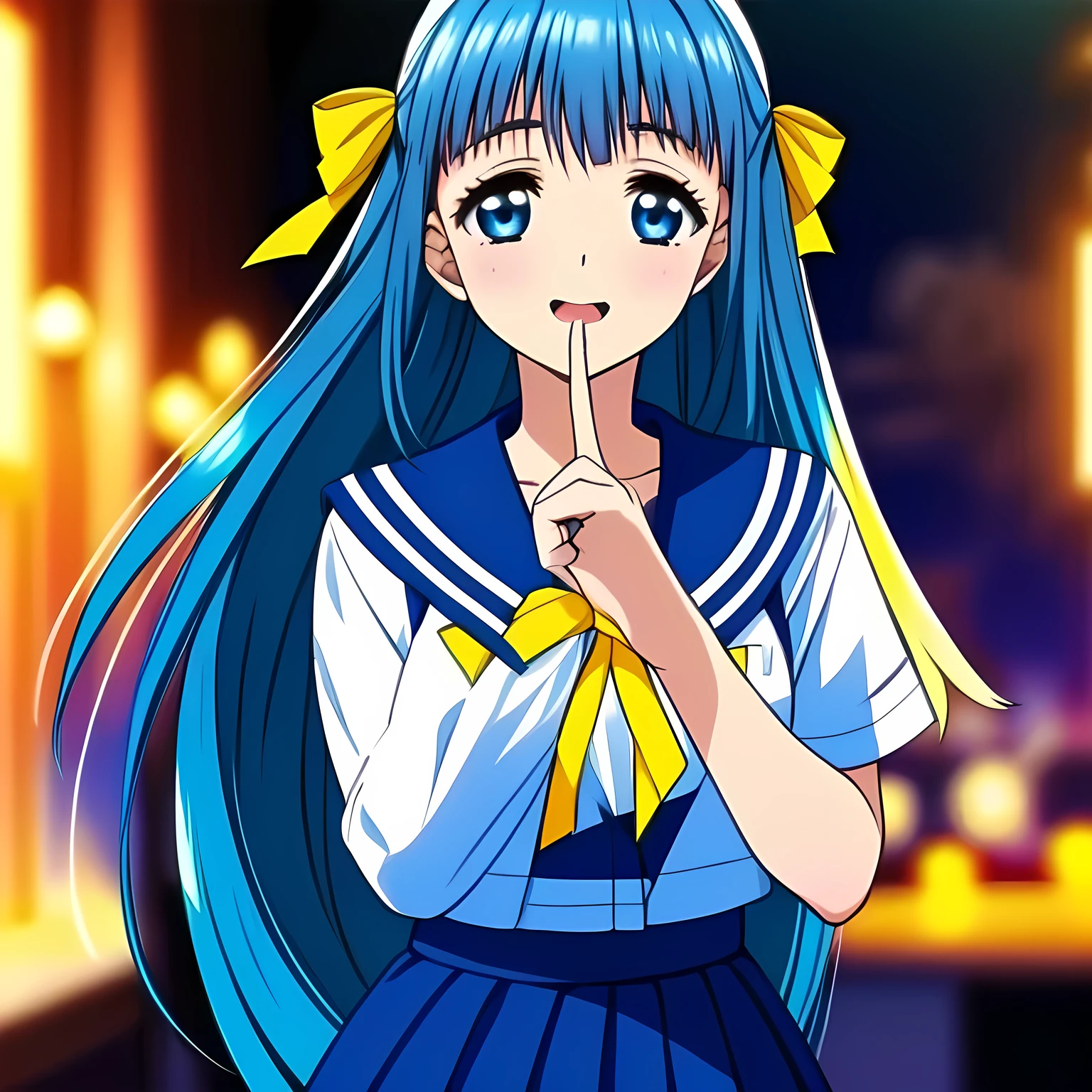 highest quality, (masterpiece:1.2), (A noble game heroine, beautiful noble intelligent heroine, Very detailed beautiful 16yo heroine's portrait of game CG, beautifully and artistically painted as cover of girl's magazine: 1.6), (She is turning quickly and looking at me: 1.0), (A girl whom everyone loves because of her beauty and lovely fashion and graceful personality and noble manner. A refined and elegant look like a noble princess. : 1.4), (In fact she is a very intelligent succubus, trying to charm, enslave and absorb me with deeply thought out intelligent strategy!: 1.0), (Very beautiful, wavy, cutely shining super-super-long blue hair, with elegant hair ribbons with very good smell of female pheromones: 1.4), (Laughing very beautiful and shining sapphire-blue intelligent eyes with very long eyelashes which charms and enslave me inevitably, with detailed very well: 1.6), (The elegant, slightly open mouth and glossy wet lips of an anime heroine: 1.0), (Noble neat dark-navy-blue sailor-styled school uniform, and neat elegant dark dark-navy-blue pleats skirt, with a big yellow noble ribbon on the chest: 1.8), (Large but well figured breast: 1.0), (Laughing at me, but that gives a heavenly feeling of happiness with beautiful and great smiley noble face: 1.2), (The wind is blowing: 0.8), (She is touching me with her beautiful fingers, chewing me and absorbing everything from me just now: 1.5), (Crazy sabbath night like nightmare to offer me to Evil Venus background: 1.4)