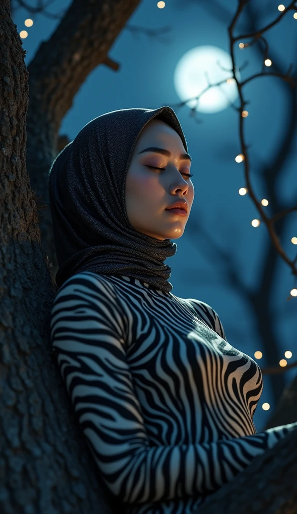 The beautiful,slender thin and clever asian muslimah adult girl with beautiful shiny cheeks wears plains zebra print lycra turtleneck unitard catsuit covered with stripes and plains zebra print lycra elastane stretchy dancewear chiffon hijab covered with stripes.She is asleep when she sleeps on the tree at night.