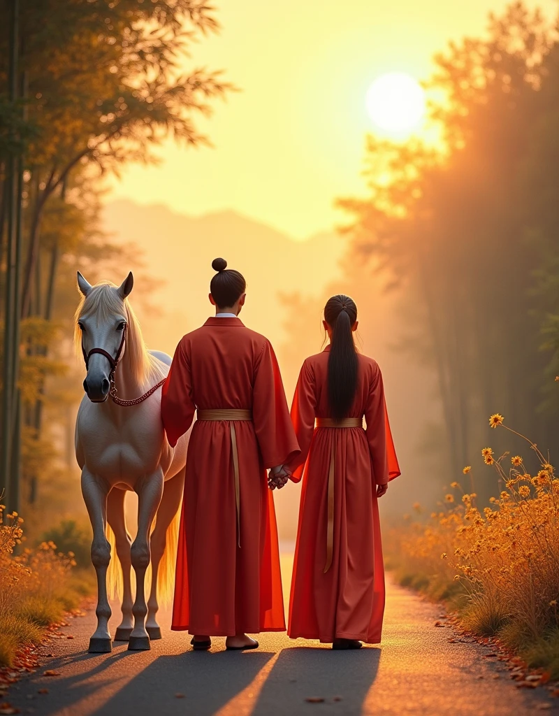a personable gentleman,Aged between 20 and 2,Hidden in my heart is a deep love for the women in the world,But never said it。He has been silently by her side for many years,About the same age as a woman,Dressed in white,Wearing a bright red robe that is the same as the woman's,Holding a white horse in hand,Show elegance and calmness。Although his love occasionally shows through his actions,But the woman doesn’t know his feelings。
The background is set on a quiet mountain road,The afterglow of the setting sun dyes the entire scene with golden light and shadow。The light is real and warm,The mountains in the distance and the remaining clouds on the horizon look and beautiful。The path is lined with low bamboo forests and scattered wild flowers.,blowing with the evening wind,The texture and real details of bamboo leaves and wildflowers are clearly visible。The entire screen presents unparalleled resolution,Details remain clear and realistic even when zoomed in,Make this image look great on the big screen or up close,All display stunning picture quality。
The background and atmosphere should reflect his quiet guardianship and the tacit understanding between the two.。
