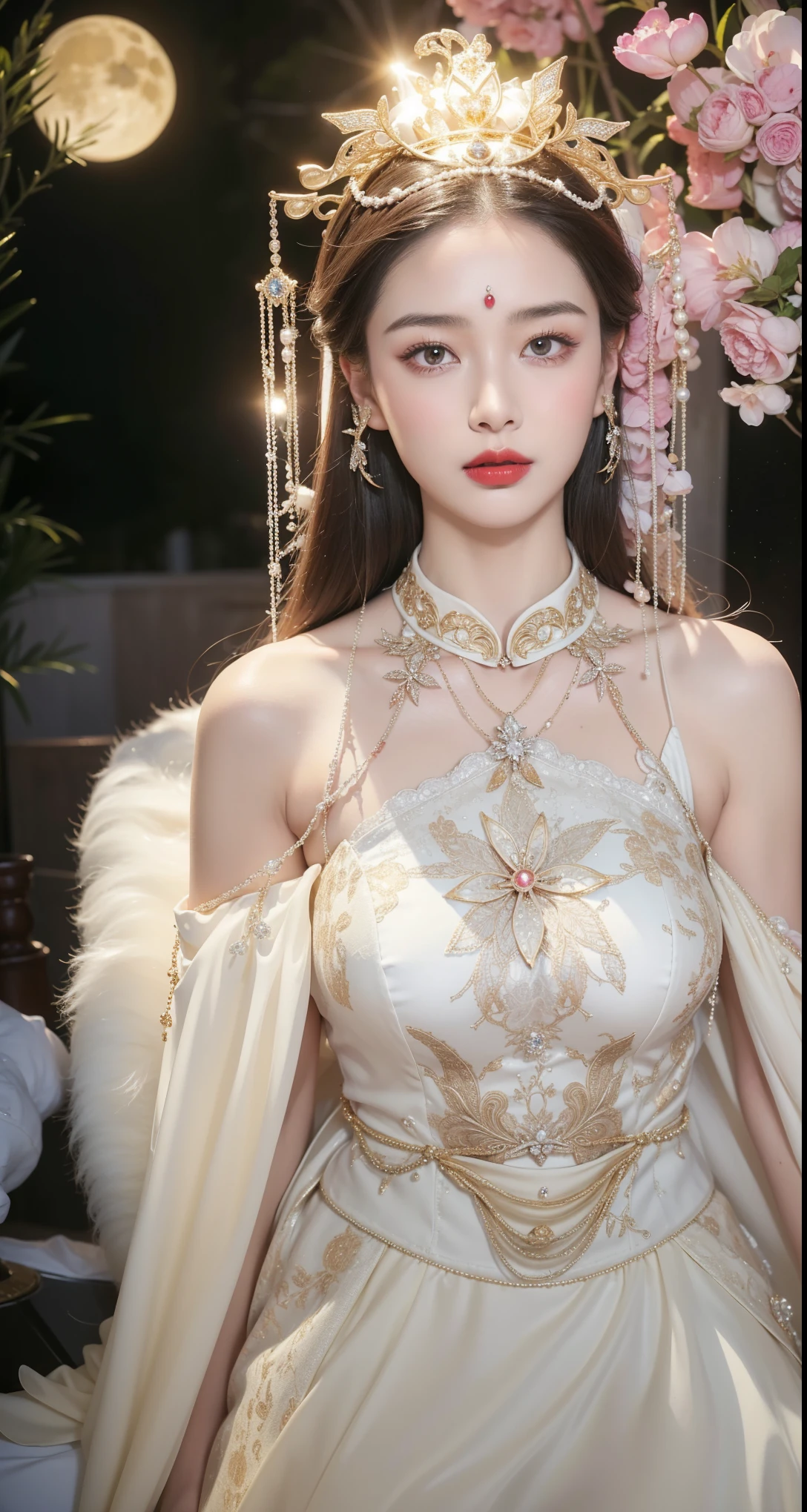 Very detailed, Delicate face, Realistic style, Stock Photography , rich and colorful, Surrealism, Realistic textures, Dramatic Lighting, Distiller 800 (8K, original photo, Better quality, masterpiece: 1.2), Very detailed, (Extremely delicate skin: 1.2), 8K Ultra HD, SLR camera, Soft Light, high quality, 冰冻Queen,Snow Castle,Blue pupils,Apply red lipstick,Queen,Gorgeous clothing, Gold Jewelry,Printed lace,Silk dress,Pearls, diamonds, and gems,Moon Goddess,Chang'e sitting on a chair