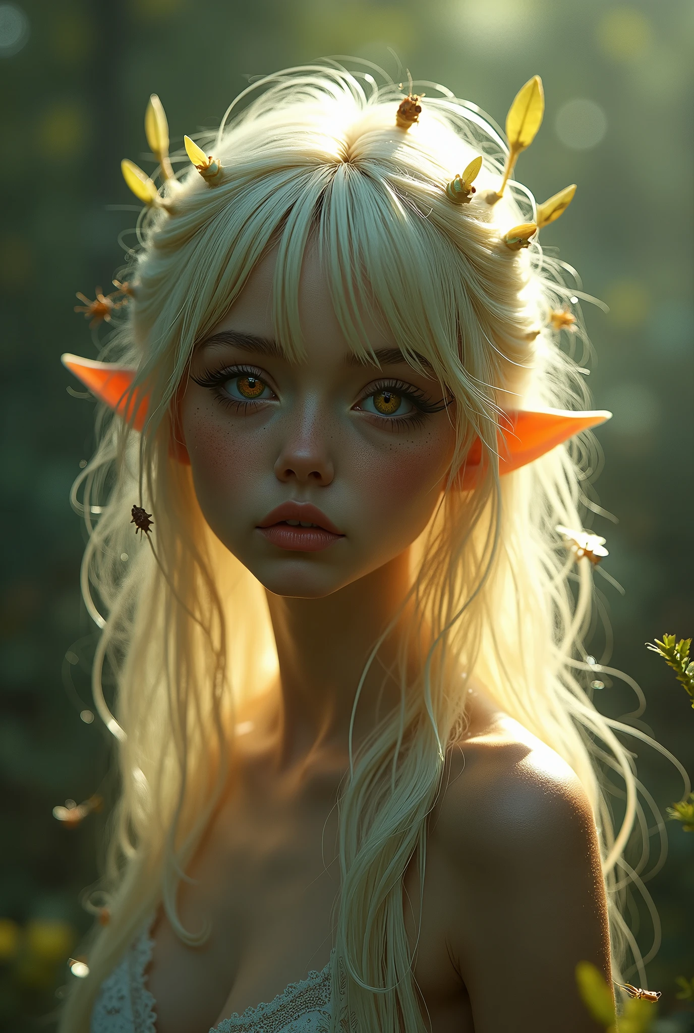 (Realystic:1.4), analog photo style, depths of field, (a blond-haired adult Pixie with different eyes), (small leaves and insects got tangled in wet hair), wide waist, (her full body is a visual pleasure), view from above, dark fantasy atmosphere, deep shadows with the some sun rays, a delicate balance between reality and fantastic, faded colours, great quality, Masterpiece, most detailed blurred surreal background, naturally cinematic light, 16k quality, kodak porta 400, bokeh.
