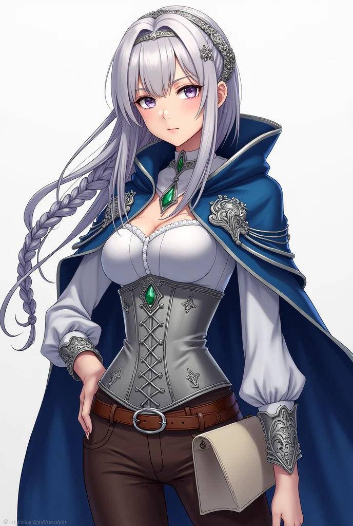 Lavender eyes. Magician People Woman, with long braided white hair. Blue cape decorated with silver embroidery and a detached hood. silver full breast corset, white blouse and brown pants as well as boots. Silver collar with emerald and silver headband with emerald Brown belt with cream colored bag Manga style