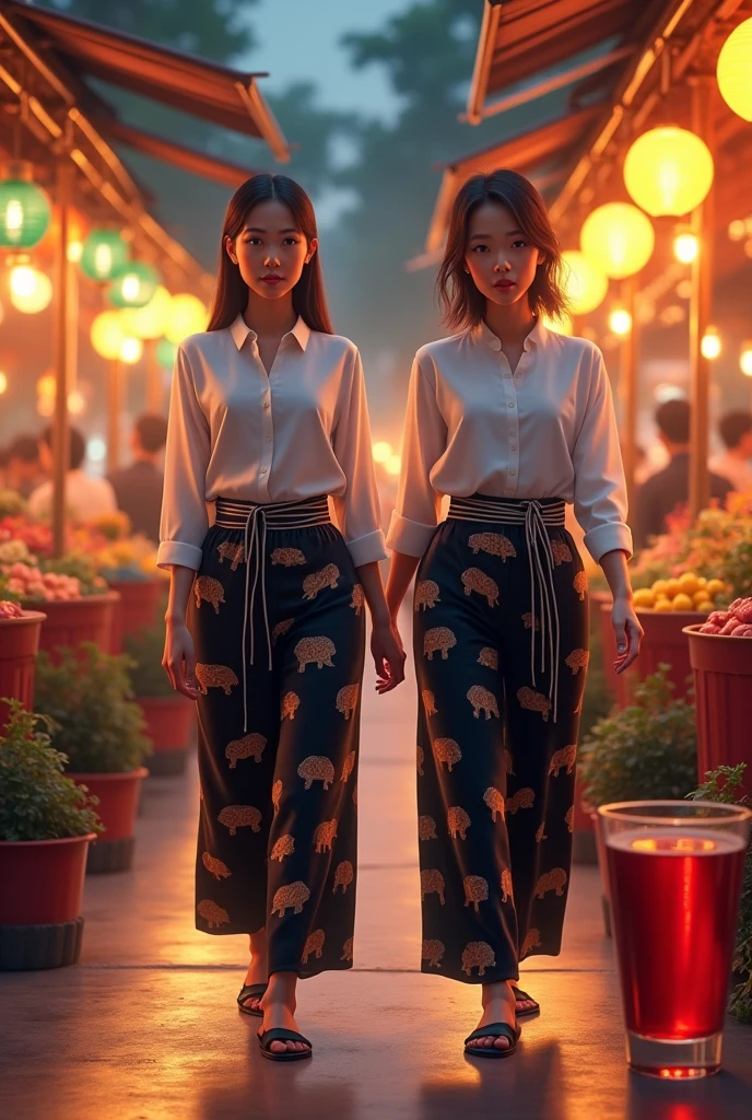 A 2 Thai woman wearing black Thai elephant-patterned pants and a white shirt, walking with a glass of red water on a walking street at night.