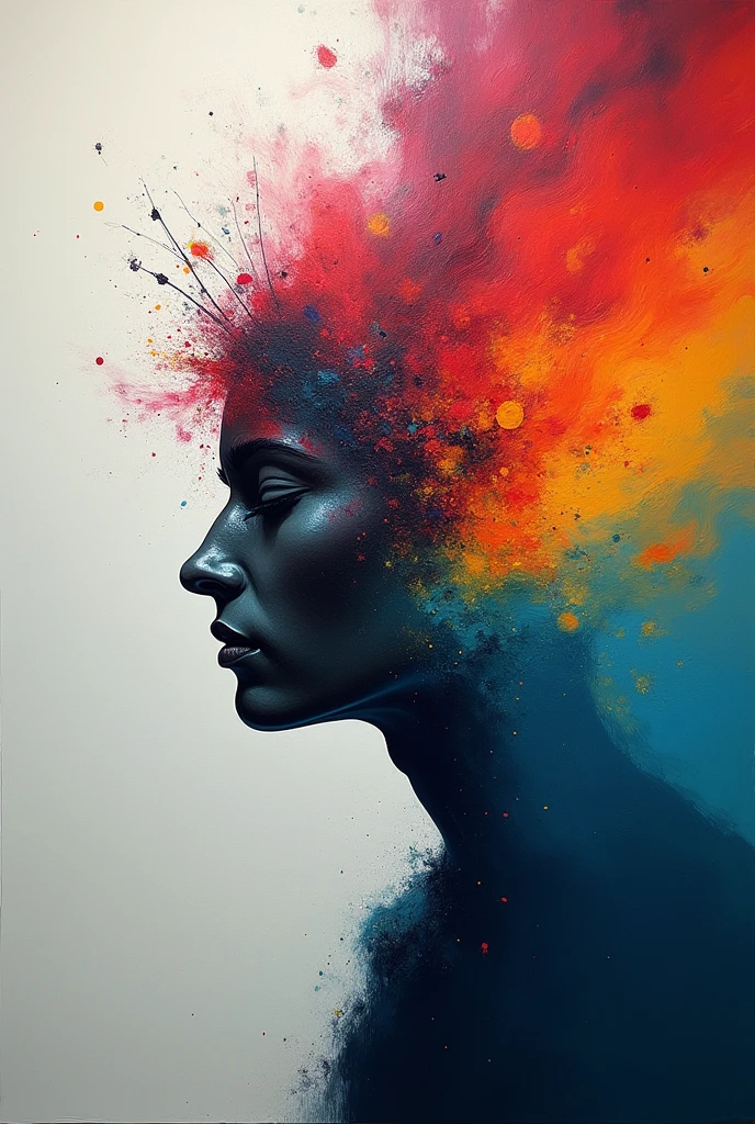 Create an abstract piece with chaotic, intense colors and brushstrokes on one side, transitioning to calm, smooth tones on the other. This contrast symbolizes the journey from mental turmoil to inner peace.