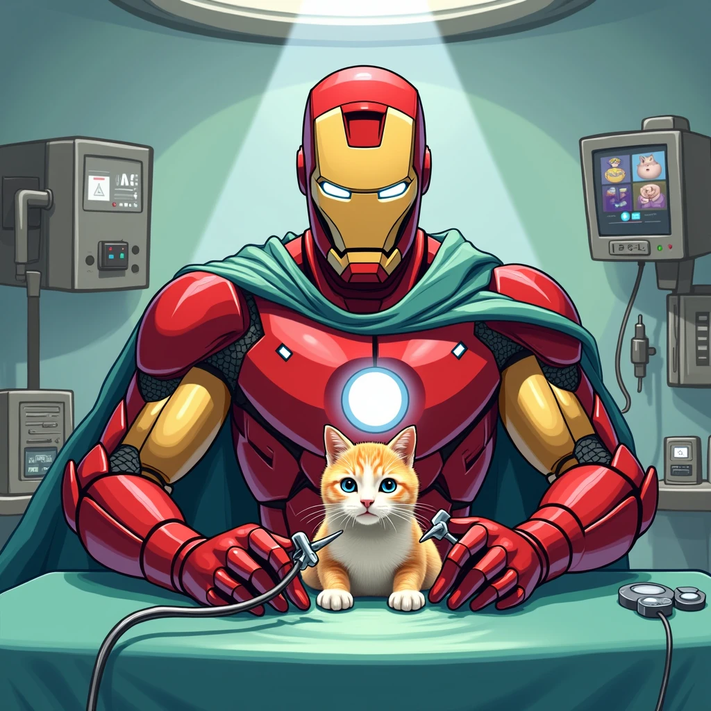 This image shows Ironman in a surgical setting, seemingly performing surgery on a cat. He is wearing his usual costume but with a surgical gown over it, and he’s holding surgical tools. The scene is humorous and surreal, combining the seriousness of surgery with the playful idea of Spider-Man as a veterinarian.