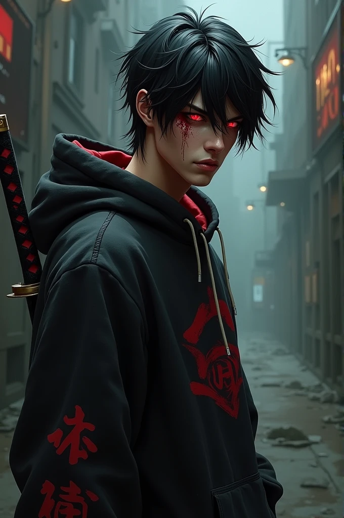 An injured male character with red eyes, black hair tossed to one side, black sweatshirt with red details, and a katana