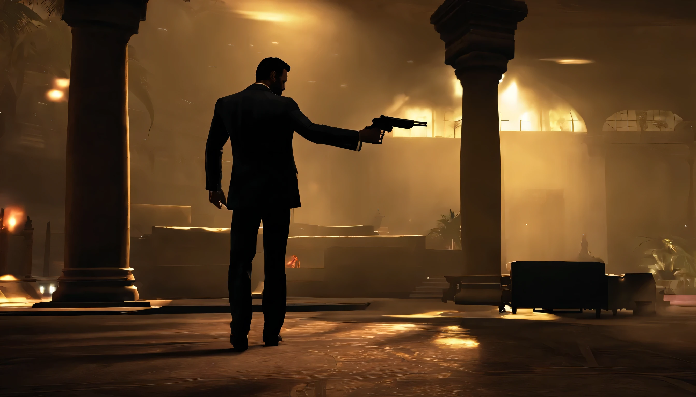 Max payne 3 with a gun in his hand and jhon wick style dark 