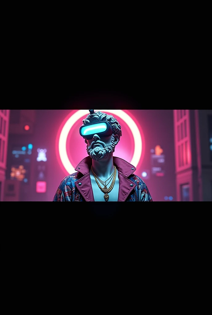 A striking digital artwork that masterfully blends classical Greek sculpture with futuristic cyberpunk elements, reimagining the iconic David figure as a bold, edgy character. The figure dons a graffiti-style jacket, a vibrant red circle headpiece, and 3D virtual reality glasses, exuding a modern flair. A luminescent neon cigarette adds a touch of surrealism, while a golden necklace symbolizes the eternal connection between past and present. Set against a mesmerizing collage of neon lights, digital illustrations, and high-contrast illumination, the background creates a nostalgic yet innovative atmosphere. This groundbreaking piece expertly merges traditional artistry with modern technology, challenging artistic conventions and sparking the imagination.