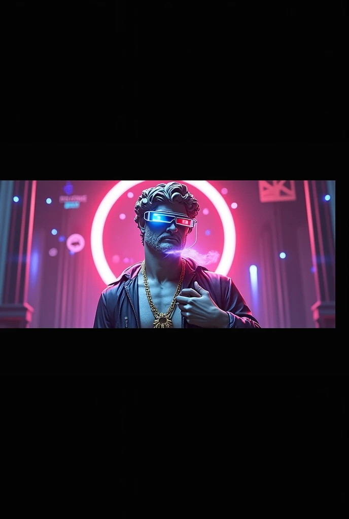 A striking digital artwork that masterfully blends classical Greek sculpture with futuristic cyberpunk elements, reimagining the iconic David figure as a bold, edgy character. The figure dons a graffiti-style jacket, a vibrant red circle headpiece, and 3D virtual reality glasses, exuding a modern flair. A luminescent neon cigarette adds a touch of surrealism, while a golden necklace symbolizes the eternal connection between past and present. Set against a mesmerizing collage of neon lights, digital illustrations, and high-contrast illumination, the background creates a nostalgic yet innovative atmosphere. This groundbreaking piece expertly merges traditional artistry with modern technology, challenging artistic conventions and sparking the imagination.